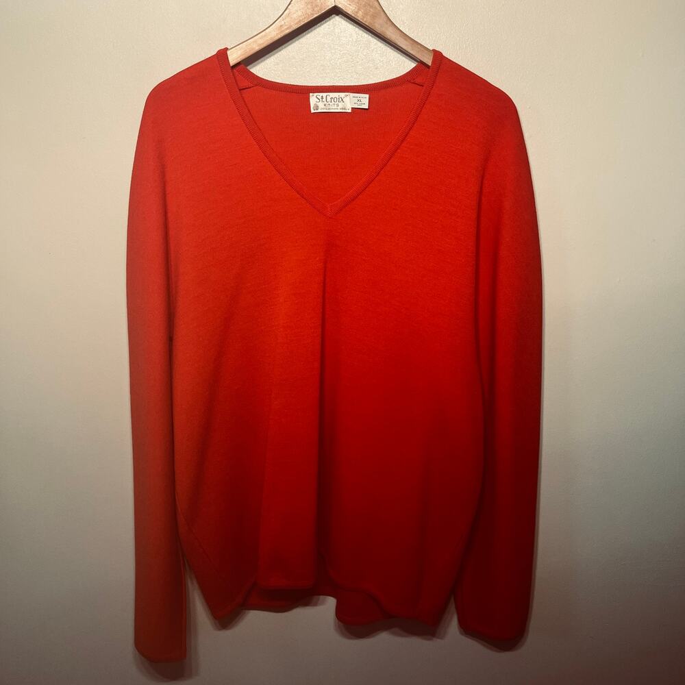 St. Croix Knits VTG Sweater Red Men V Neck Zephyr Wool Pullover Holiday XL